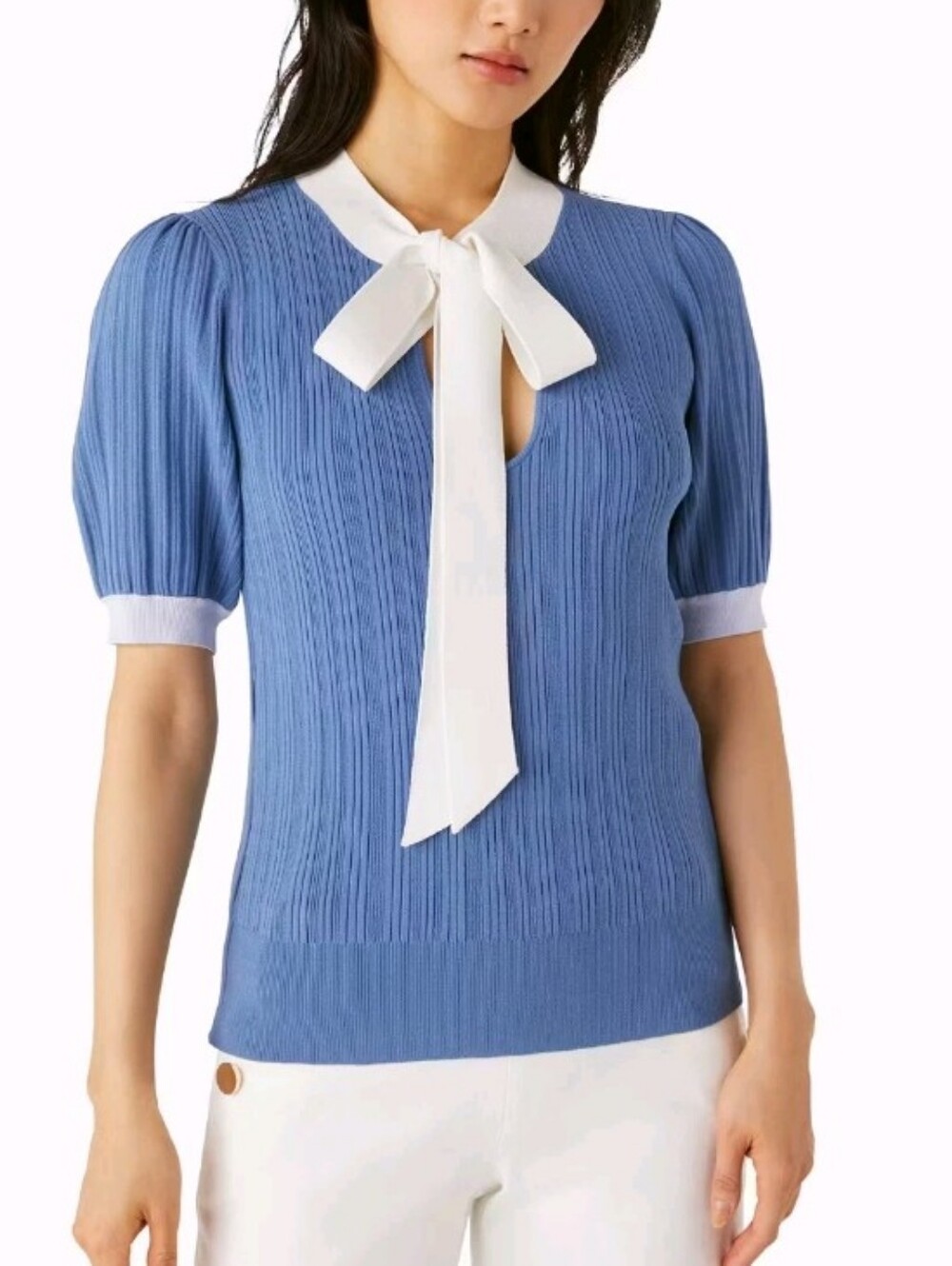Kate Spade Colourblock Neck Bow Short Sleeve Sweater Blouse Cornflower Blue XS